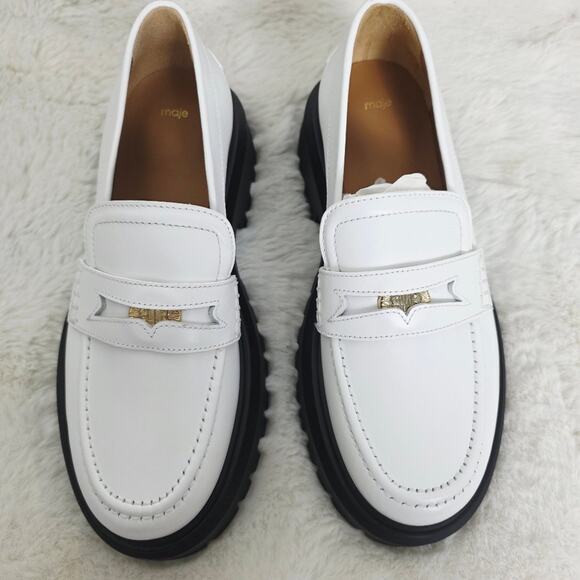 Maje Shoes - Maje White Leather Chunky Platform Lug Sole Loafers Clover Detail EU 38 / US 7.5
